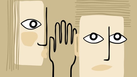 Fake news - abstract person whispers gossip in another persons ear. Vector illustration; Shutterstock ID 1943060116