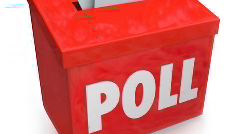 Poll word on a red collection box for votes, survey reponses or answers to questions ; Shutterstock ID 196440113