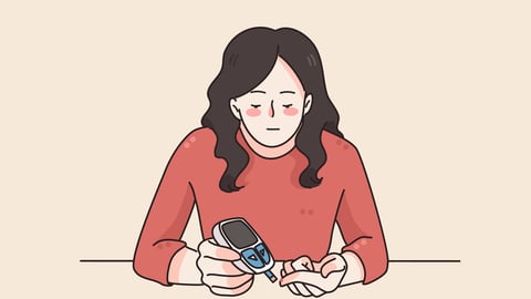 Diabetes control and healthcare concept. Young woman cartoon character sitting and using digital glaucometer at home with finger for blood state control vector illustration ; Shutterstock ID 1974821621