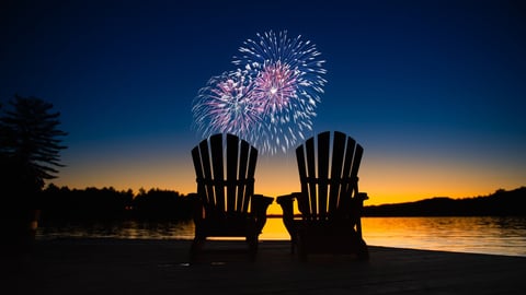 Canada day fireworks on a lake in Muskoka, Ontario Canada. On the wooden dock two Adirondack chairs are facing the sunset orange hues ; Shutterstock ID 2089465036
