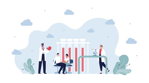 Healthcare, pharmacy and lab test concept. Vector flat character illustration. Mixed ethnic doctor team and patient test tube on background. Design for infographic and hospital service.; Shutterstock ID 2124982541