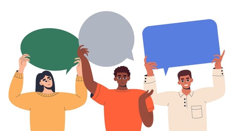 Group of people of various races are holding speech bubbles. Customer feedback, testimonial, online survey, communication, speech,chat. Social network dialogue. User satisfaction. Flat illustration.; Shutterstock ID 2176848123