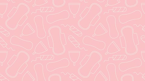 seamless pattern of different menstrual hygiene products: menstrual cup, sanitary pad, tampon, panty liner- vector illustration; Shutterstock ID 2196910557
