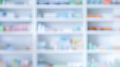 pharmacy drugstore shelves interior blurred abstract background; Shutterstock ID 2227178793