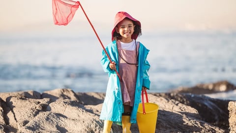 Child, kid or girl portrait with fishing bucket and net at beach, ocean or sea to fish in summer. Happy black child outdoor learning for salt water shrimp, crabs or fish with smile in holiday; Shutterstock ID 2229533501