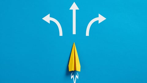 Business decision making and the way to success. Choosing a strategic path to move forward. Alternative options and business solutions. Paper plane with arrows pointing different directions.; Shutterstock ID 2255670075