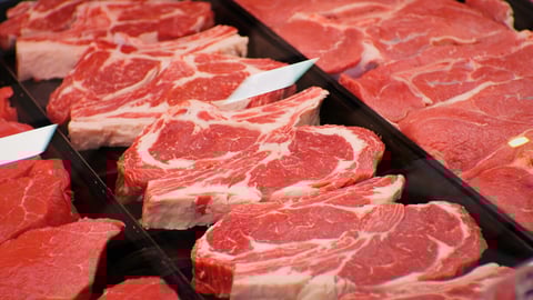 Red rib eye meat for sale in meat department in a shop. Raw fresh meat ribeye for steak perfectly arranged in trays.; Shutterstock ID 2275267873