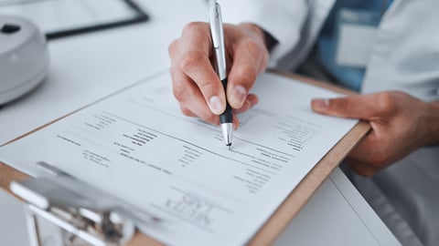 Data, writing and science with hands of man in laboratory for report, pharmacy and medical. Checklist, healthcare and medicine with closeup of scientist and clipboard for research, vaccine and study; Shutterstock ID 2327421569