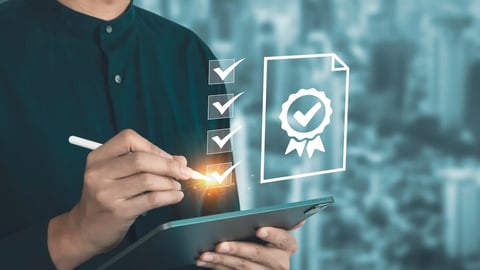 Businessman mark checklist for best quality score, product warranty, ISO standard and quality assurance concept.; Shutterstock ID 2351881827