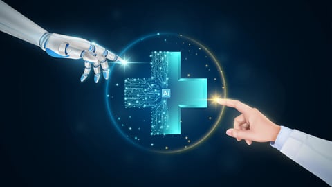 Hand of doctor and robot finger or cyborg artificial intelligence AI touching medical sign symbol blue cross. Innovative technology in science medical health care futuristic. 3D Vector.