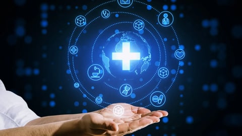 Close up of businessman hands holding creative glowing blue medical hologram with cross and globe on blurry background. Science, healthcare system and futuristic pharmacy concept; Shutterstock ID 2379163241