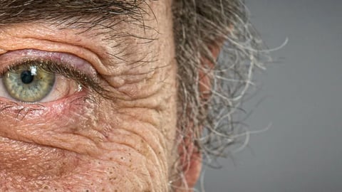wrinkled old man  with blue eyes detail macro shot; Shutterstock ID 2444780867