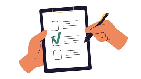 Checklist on clipboard. Hands ticking, marking checkmark on paper check-list. Filling questionnaire, survey form, document, choosing option. Flat vector illustration isolated on white background; Shutterstock ID 2447481791