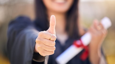 Thumbs up, diploma and woman outdoor for graduation with celebration, scholarship and winner for award. Female graduate, degree and yes emoji in campus with support for education and academic success; Shutterstock ID 2461989307