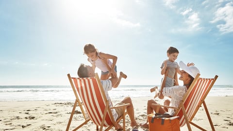 Family, beach and kids relax chair vacation adventure, bonding and play game together on tropical summer. Parents, children and excited of ocean island, energy and sunshine travel in Greece; Shutterstock ID 2476418199