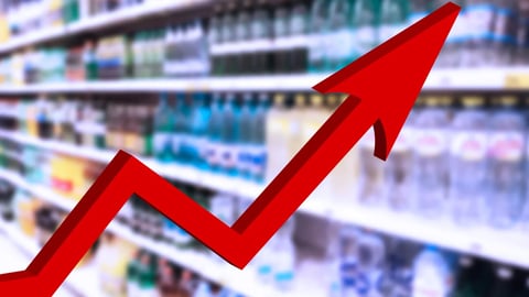 Red growing up big arrow on blur supermarket background. Bar charts and graphs. Rising prices. Inflation concept. Retail industry. Finance and Economy. Stock Market. Store. Tax. Food and Drink. CPG.; Shutterstock ID 2505457763