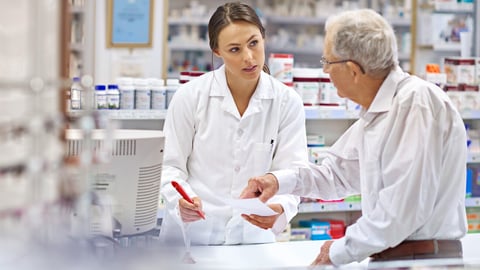 Pharmacist, elderly man and document at counter for consultation, medicine prescription and healthcare advice. Woman, customer and paperwork for medical referral, script information and application; Shutterstock ID 2506776955