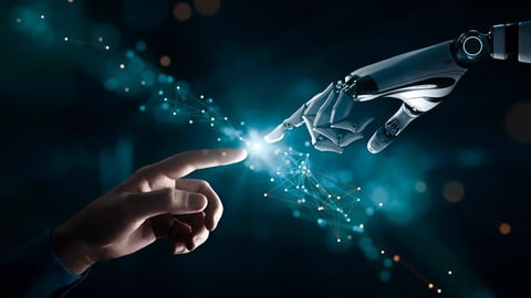 AI, Machine learning and Neural Networks . The robot's hand touches the human hand; Shutterstock ID 2543432193