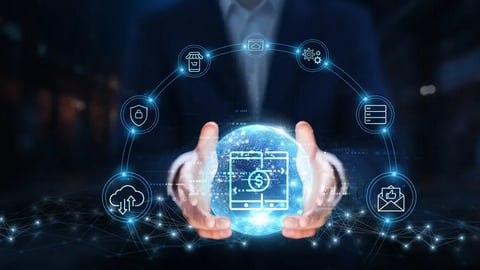 Digital Payments: Businessman hands hold global digital payments technology, security, convenience, transactions, accessibility, efficiency, innovation, trust.; Shutterstock ID 2545679307