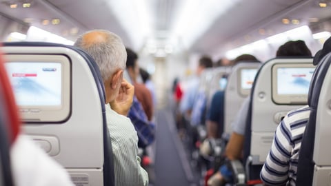 Interior of airplane with passengers on seats waiting to taik off.; Shutterstock ID 256478011