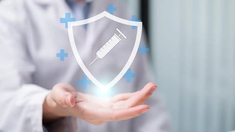 Professional health care medical worker physician doctor vaccine immunization illness virus prevention concept syringe with shield clinic treatment injection pharmacy protection flu insurance needle; Shutterstock ID 2577762569