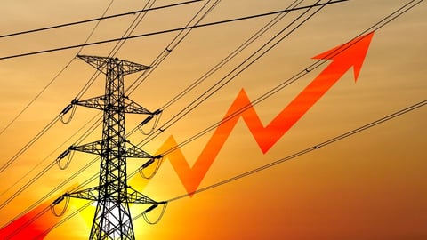 Conceptual image of rising electricity bills, more expensive energy costs, high voltage electric poles with beautiful lights.; Shutterstock ID 2679200857