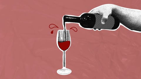 A hand pours red wine into a glass, splashing it. A trendy collage in halftones. Monochrome elements. Creative design. Concept for a celebration, romantic dinner, or wine tasting. Vector illustration