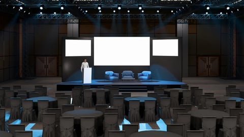 Corporate conference stage with 3 led screen and round table seating mockup design, talk show event stage, 3d render. 3d illustration.; Shutterstock ID 2754859967