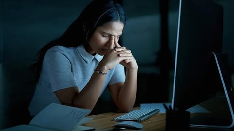 Stress, night and woman on computer in office with mistake on audit, finance review and deadline. Dark, business and person with burnout for financial crisis, frustrated and error for budget report; Shutterstock ID 2758162889