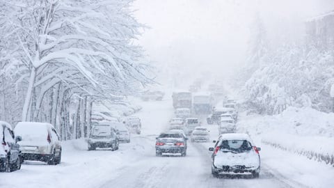snowstorm, poor visibility,slick roads and lots of traffic; Shutterstock ID 46373200