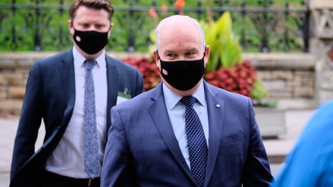 Erin O'Toole wearing a mask and blue suit