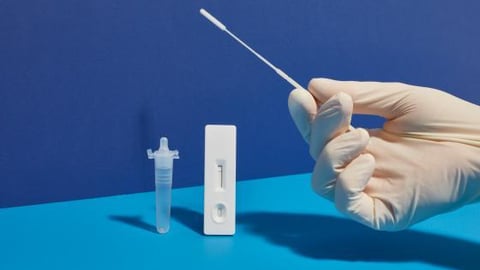 Hand holding a rapid antigen test swab