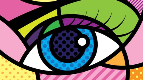 A cartoon eye with many colours surrounding