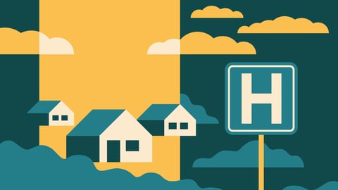 Cartoon of several houses with a hospital sign