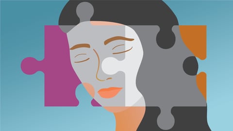 A cartoon of a sad woman superimposed with puzzle pieces