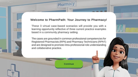 A cartoon pharmacist points to a screen introducing virtual scenarios 