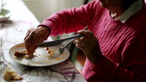 Chest, hands and lower face of woman finishing up meal on plate