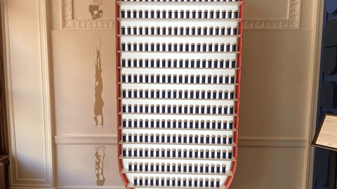 Shelf of drug bottles that looks like a capsule pill