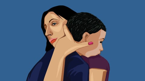 A drawing of a mother holding her young child