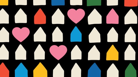 A cartoon of several little houses in different colours with a few pink hearts peppered throughout on a black background