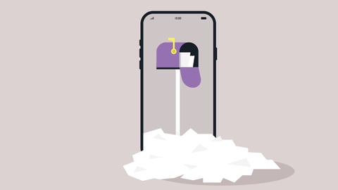 Cartoon concept of an overflowing mailbox inside a phone to represent excessive incoming paperwork