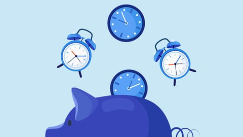 Piggy bank filled with clocks to represent saving time