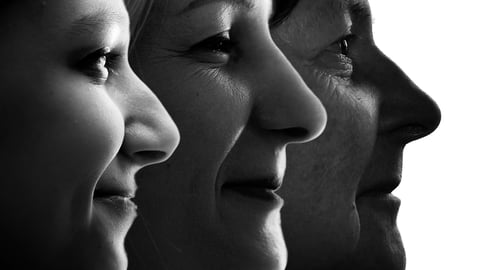 profile of women's faces, different generations in black-and-white