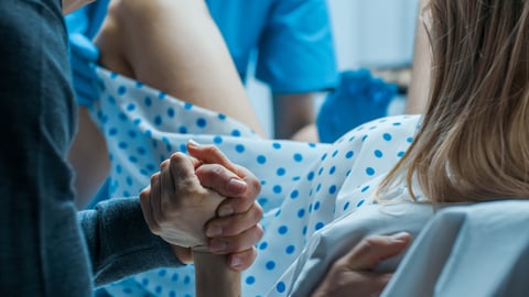 Emergency In the Hospital: Woman Giving Birth, Husband Holds Her Hand in Support, Obstetricians Assisting. Modern Delivery Ward with Professional Midwives.; Shutterstock ID 1181843014