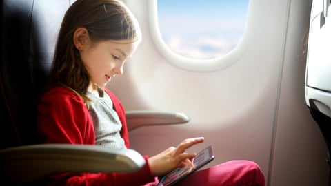 Adorable little girl traveling by an airplane. Child sitting by aircraft window and using a digital tablet during the flight. ; Shutterstock ID 597527849