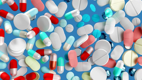 Antibiotics and vitamins. Painkillers pills. Pharmacological backdrop. Pharmacy antibiotics. Backdrop for pharmacological presentation. Various analgesic tablets. Texture, pattern. 3d image; Shutterstock ID 2325262025