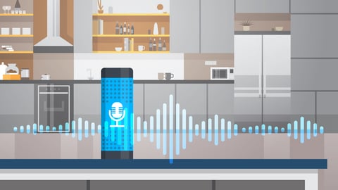 Home intelligent voice activated assistant recognition technology concept kitchen interior background smart ai speaker hi tech futuristic artificial intelligence speech horizontal flat vector; Shutterstock ID 1154855965