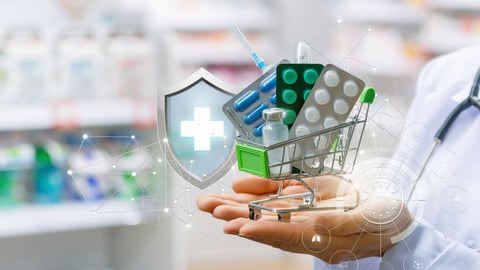 Basket of drugs in the hands of the pharmacist. Concept online drugstore.; Shutterstock ID 1156047115