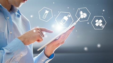 Doctor working on mobile smart phone with pharmacy icons. Online medical concept; Shutterstock ID 2153349189