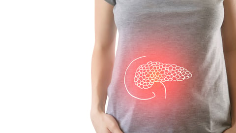 Digital composite of highlighted red pancreas of woman / pancreatitis / cholecystitis / cholelitthiasis; Shutterstock ID 1361773634